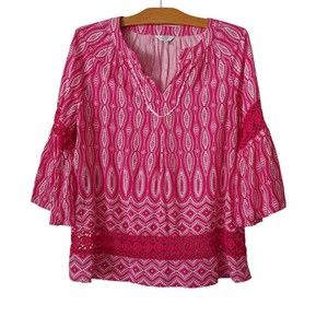 Crown & Ivy Women S Bell Sleeve Blouse Top Peasant Lace Boho Pink